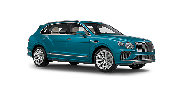 Bentley Roma Bentley Bentayga EWB Azure front side angled view in Topaz blue coloured exterior. 