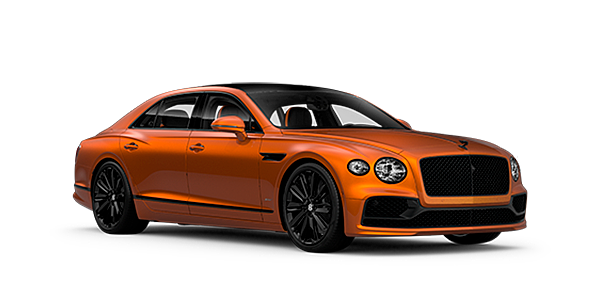 Bentley Roma Bentley Flying Spur Speed front side angled view in Orange Flame coloured exterior. 